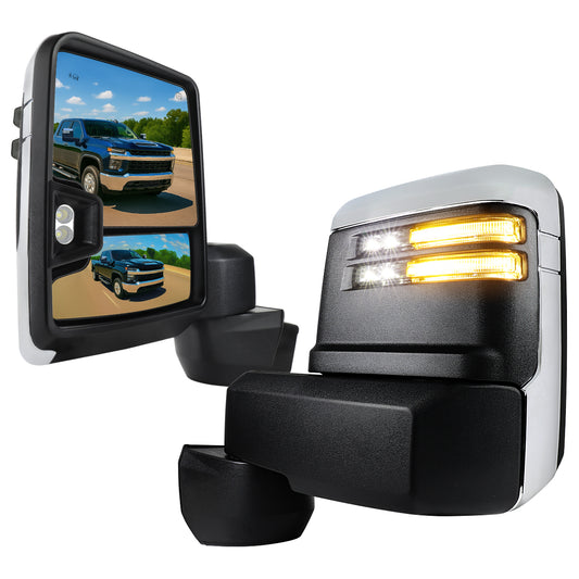 2020-2024 Chevrolet Silverado/GMC Sierra 2500HD/3500HD Power Adjustable, Heated, & Manual Extendable Chrome Towing Mirrors w/ Smoked Lens LED Turn Signal & Clearance Lights