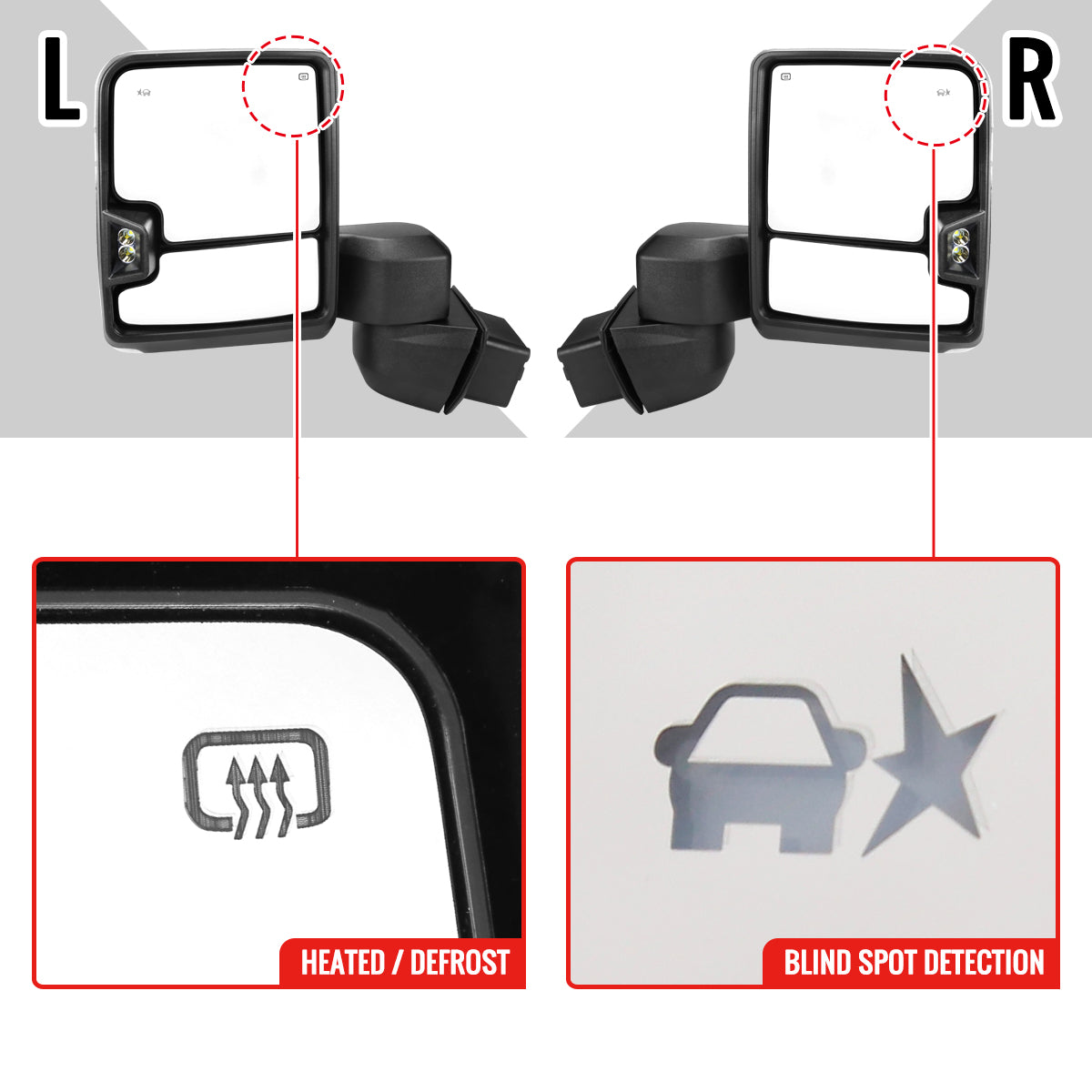 2020-2024 Chevrolet Silverado/GMC Sierra 2500HD/3500HD Power Adjustable, Heated, & Manual Extendable Chrome Towing Mirrors w/ Clear Lens LED Turn Signal & Clearance Lights