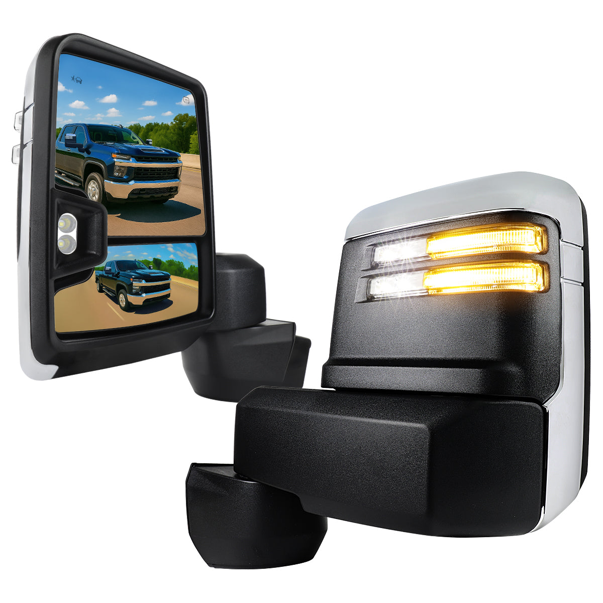 2020-2024 Chevrolet Silverado/GMC Sierra 2500HD/3500HD Power Adjustable, Heated, & Manual Extendable Chrome Towing Mirrors w/ Clear Lens LED Turn Signal & Clearance Lights