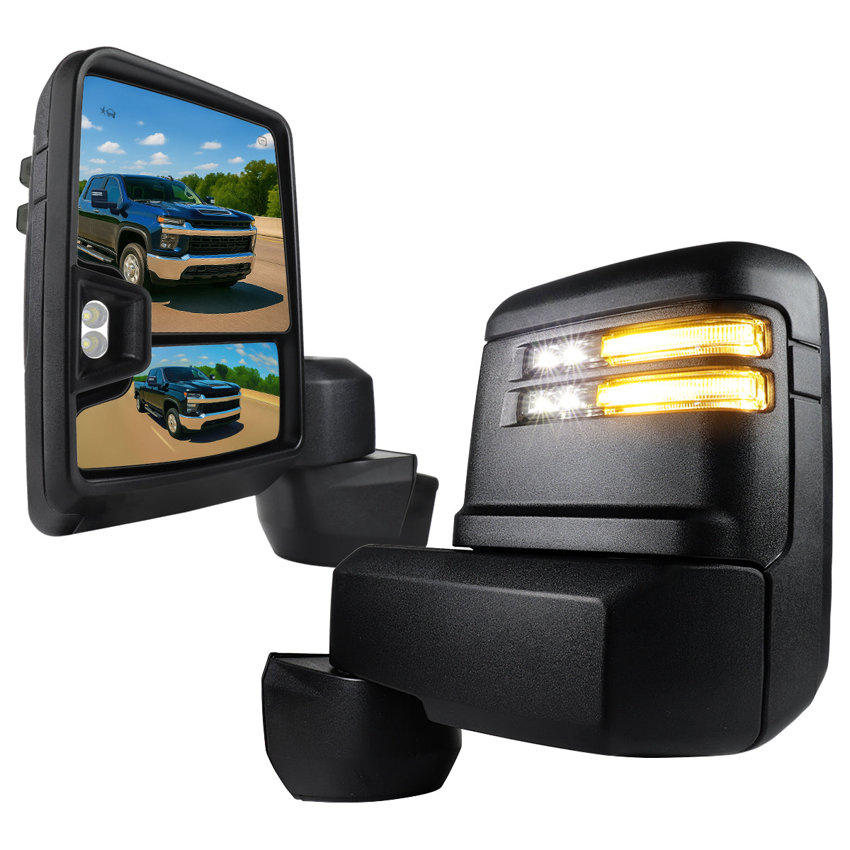 2020-2024 Chevrolet Silverado/GMC Sierra 2500HD/3500HD Power Adjustable, Heated, & Manual Extendable Black Towing Mirrors w/ Smoked Lens LED Turn Signal & Clearance Lights