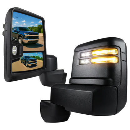2020-2024 Chevrolet Silverado/GMC Sierra 2500HD/3500HD Power Adjustable, Heated, & Manual Extendable Black Towing Mirrors w/ Smoked Lens LED Turn Signal & Clearance Lights
