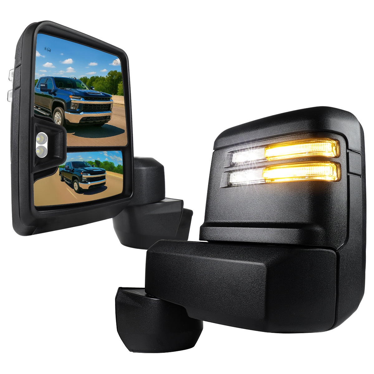 2020-2024 Chevrolet Silverado/GMC Sierra 2500HD/3500HD Power Adjustable, Heated, & Manual Extendable Black Towing Mirrors w/ Clear Lens LED Turn Signal & Clearance Lights