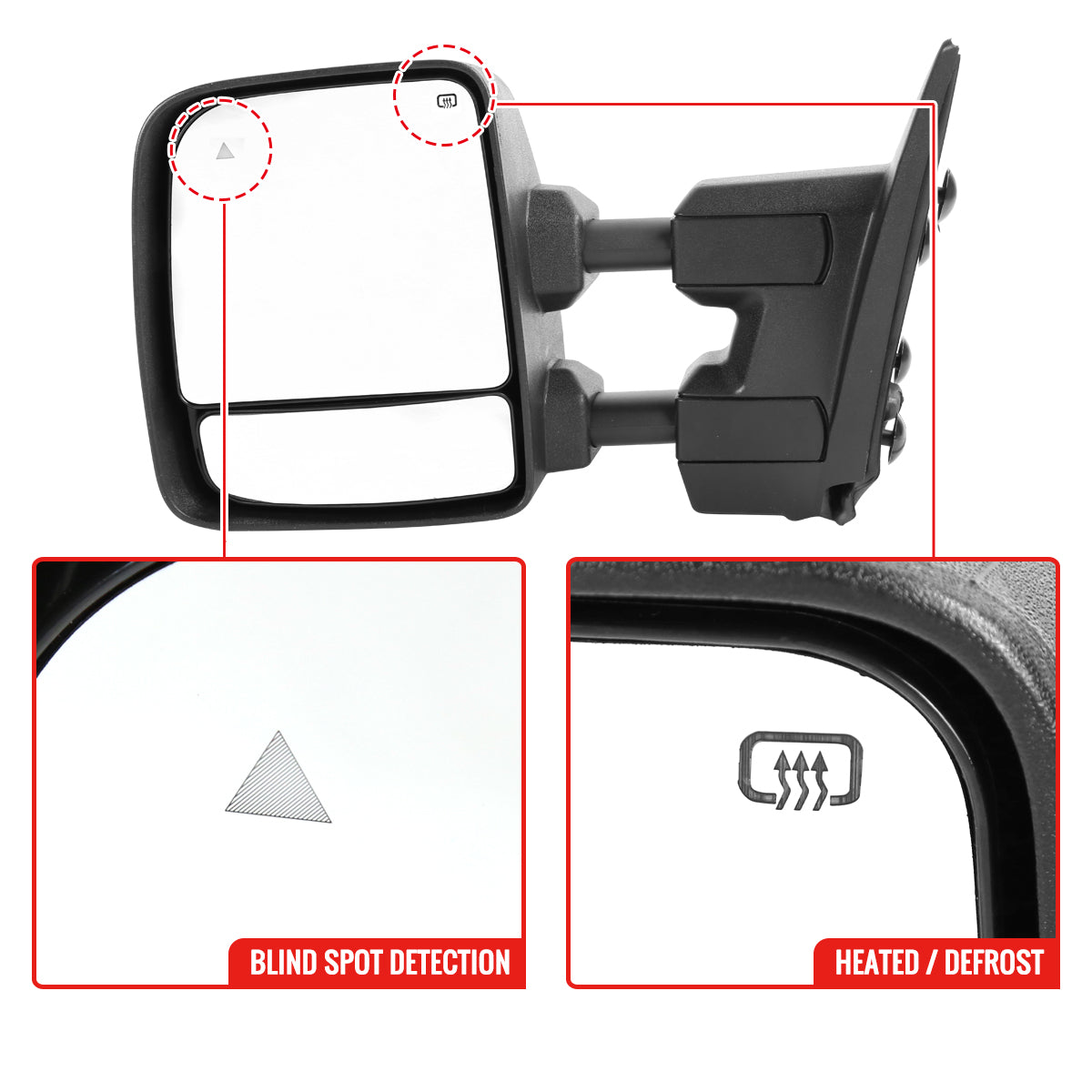 2016-2022 Nissan Titan Power Adjustable, BSM, & Manually Extendable Chrome Towing Mirrors with Clear Lens LED Turn Signal & Puddle Lights