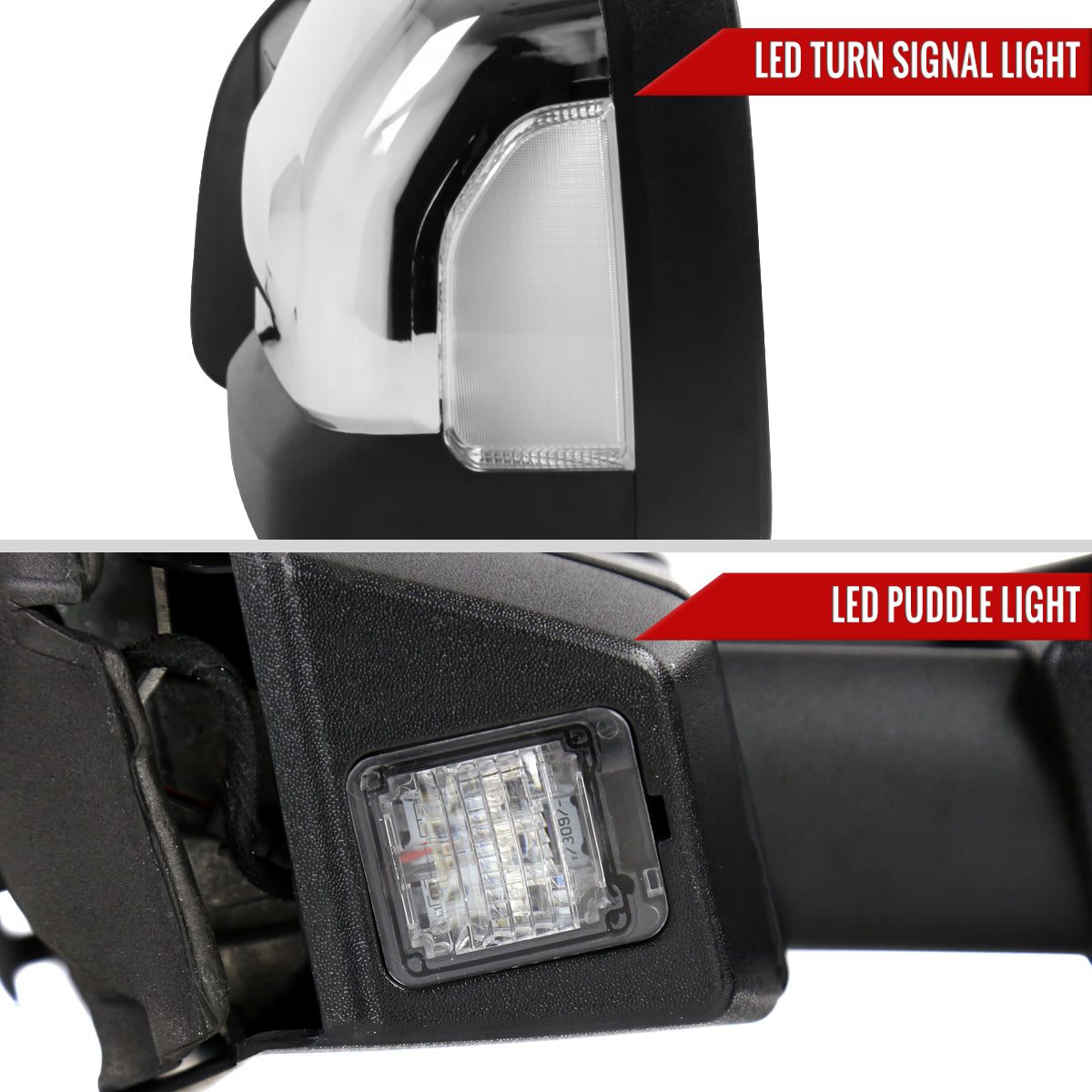 2016-2022 Nissan Titan Power Adjustable, BSM, Memory Fuction, & Manually Extendable Chrome Towing Mirrors with Clear Lens LED Turn Signal & Puddle Lights