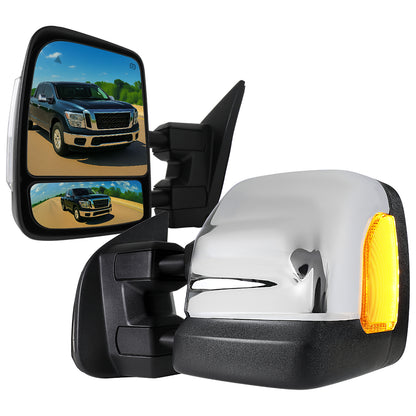 2016-2022 Nissan Titan Power Adjustable, BSM, Memory Fuction, & Manually Extendable Chrome Towing Mirrors with Clear Lens LED Turn Signal & Puddle Lights