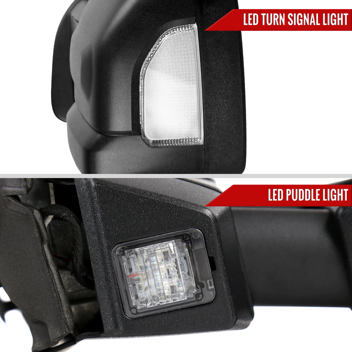 2016-2022 Nissan Titan Power Adjustable, BSM, Memory Fuction, & Manually Extendable Black Towing Mirrors with Clear Lens LED Turn Signal & Puddle Lights