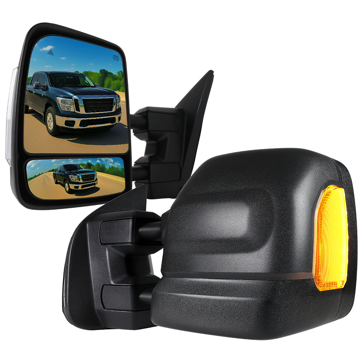 2016-2022 Nissan Titan Power Adjustable, BSM, Memory Fuction, & Manually Extendable Black Towing Mirrors with Clear Lens LED Turn Signal & Puddle Lights