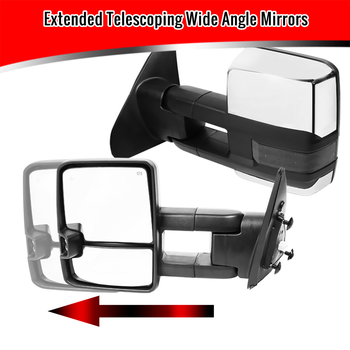 2007-2017 Toyota Tundra/ 2008-2017 Sequoia Chrome Power Heated BSM Manual Extendable Towing Mirrors w/ Smoked Lens LED Turn Signal & Clearance Lights