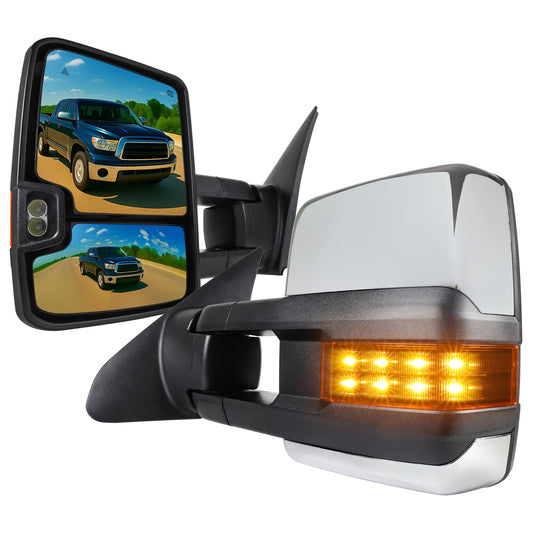 2007-2017 Toyota Tundra/ 2008-2017 Sequoia Chrome Power Heated BSM Manual Extendable Towing Mirrors w/ Amber Lens LED Turn Signal & Clearance Lights