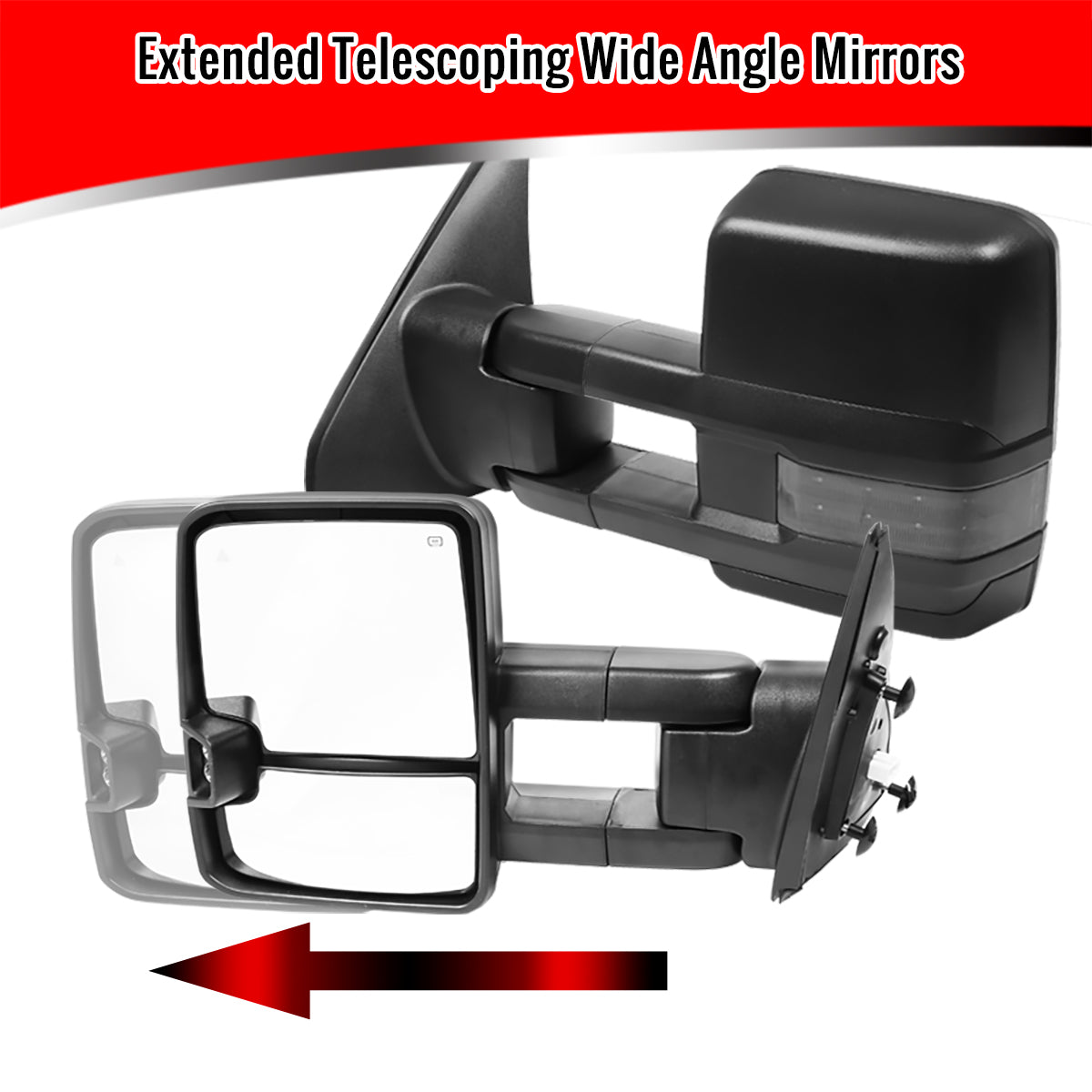 2007-2017 Toyota Tundra/ 2008-2017 Sequoia Power Heated BSM Manual Extendable Towing Mirrors w/ Smoked Lens LED Turn Signal & Clearance Lights