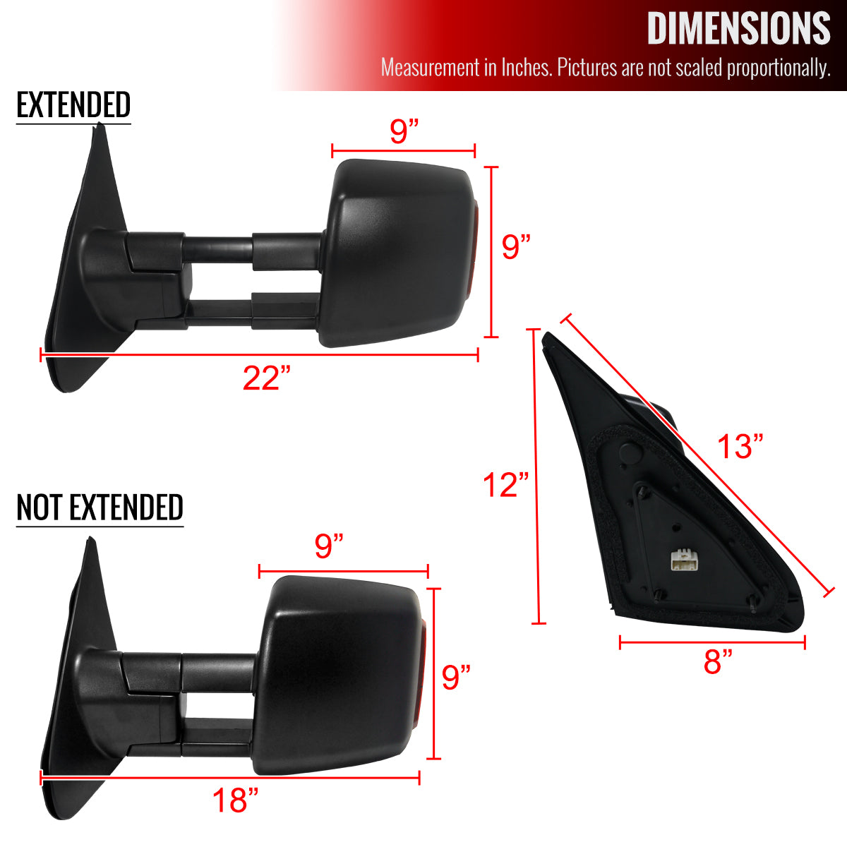 2007-2021 Toyota Tundra/ 2008-2017 Sequoia Power Heated Manual Extendable Towing Mirrors w/ Amber Lens LED Turn Signal Lights