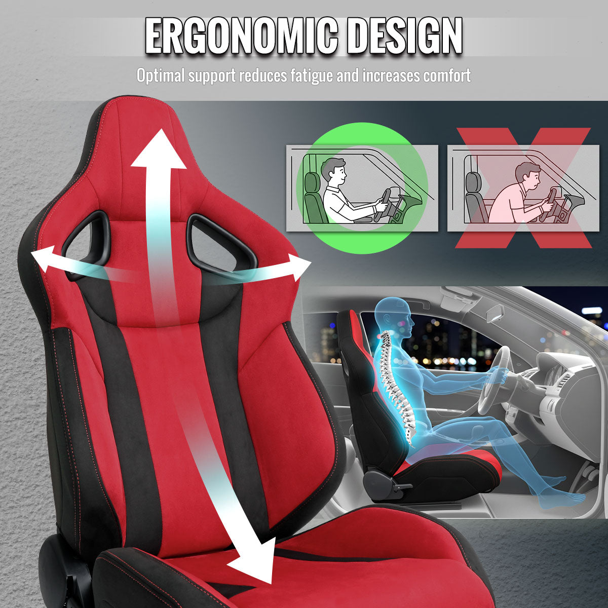 RACING SEAT - BRIGHT RED SUEDE BLACK SUEDE WITH DOUBLE RED STITCH-RIGHT