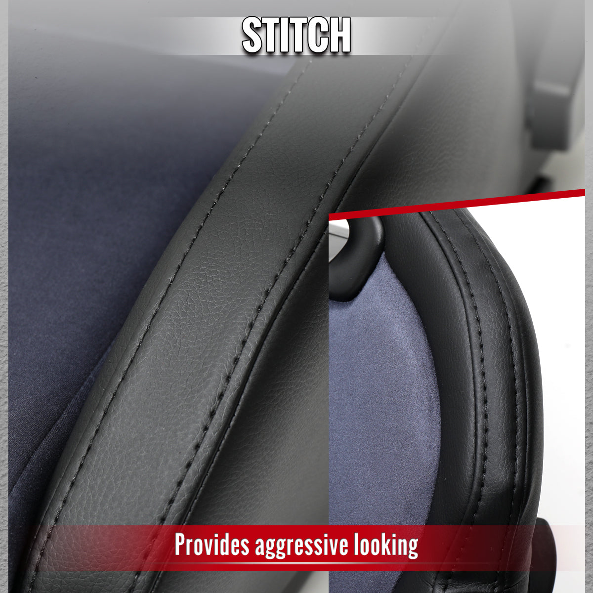 RACING SEAT - BLACK PU LEATHER AND CHARCOAL GRAY SUEDE WITH DOUBLE BLACK STITCH