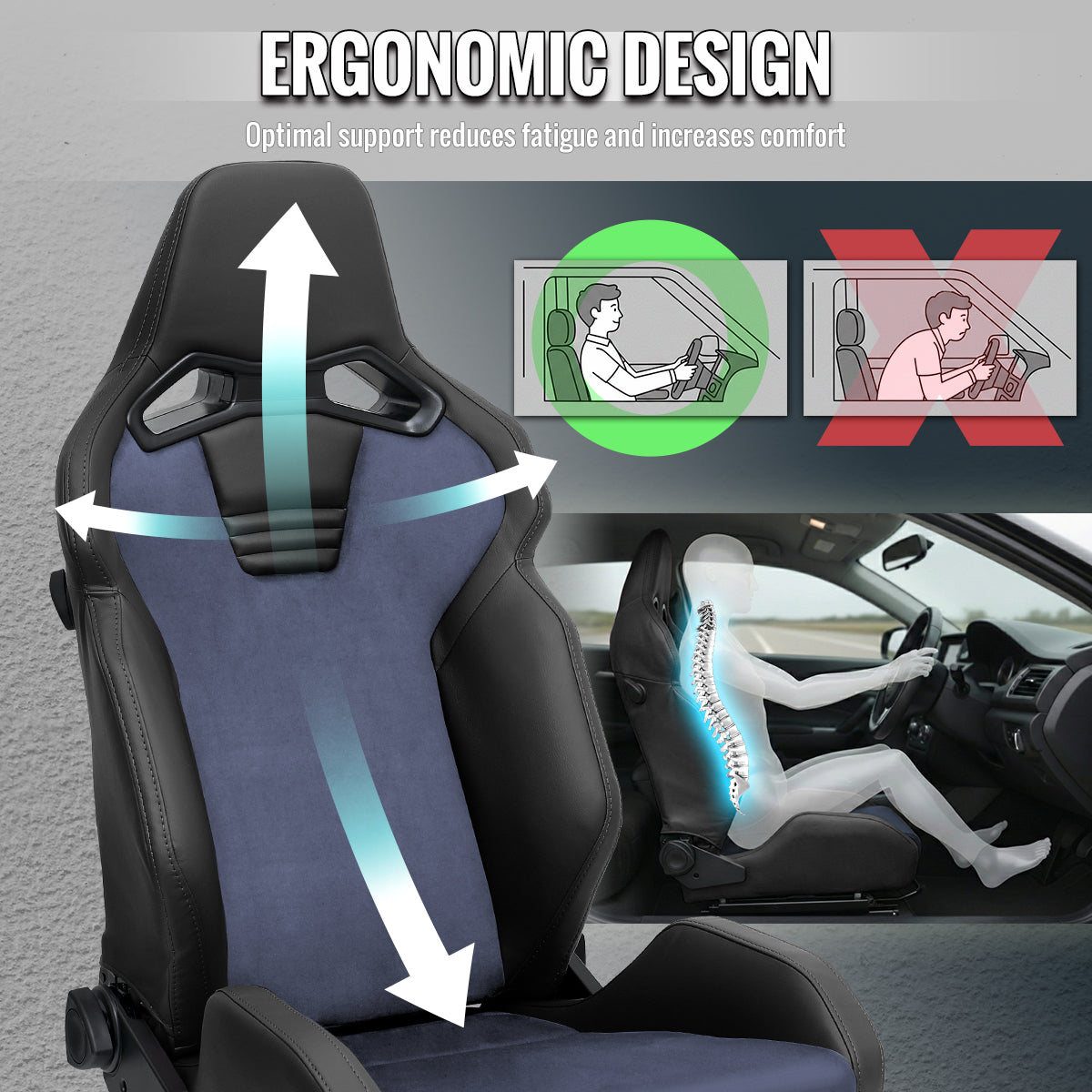 RACING SEAT - BLACK PU LEATHER AND CHARCOAL GRAY SUEDE WITH DOUBLE BLACK STITCH