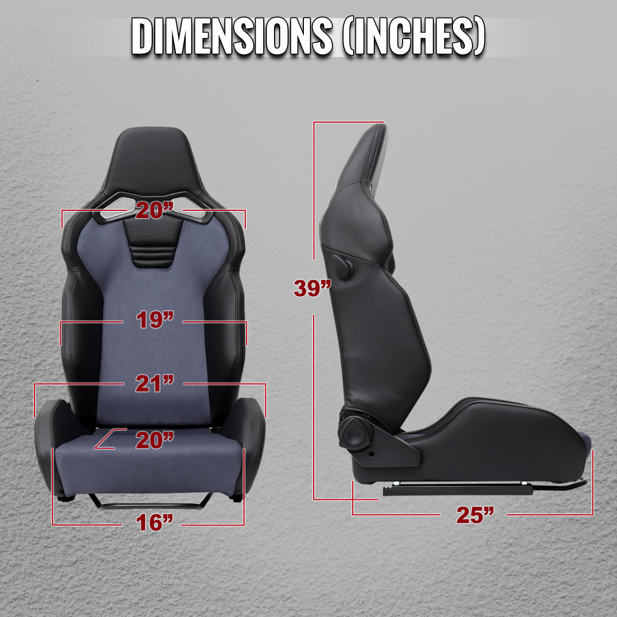 RACING SEAT - BLACK PU LEATHER AND CHARCOAL GRAY SUEDE WITH DOUBLE BLACK STITCH