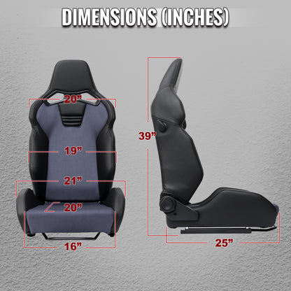 RACING SEAT - BLACK PU LEATHER AND CHARCOAL GRAY SUEDE WITH DOUBLE BLACK STITCH
