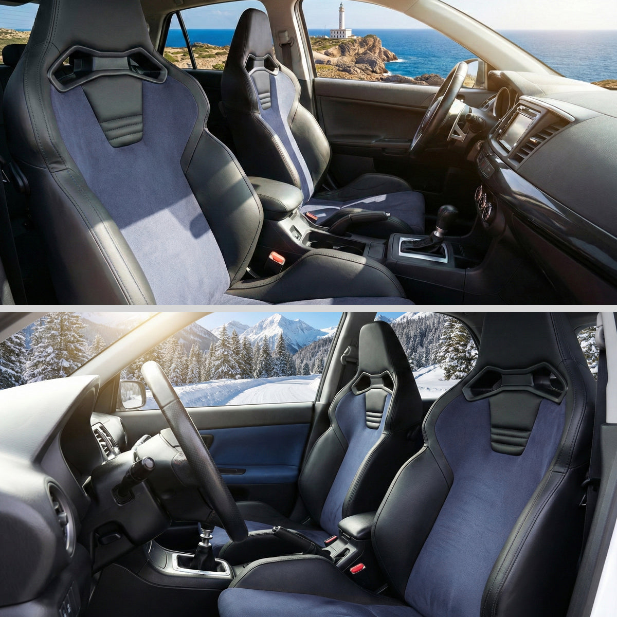 RACING SEAT - BLACK PU LEATHER AND CHARCOAL GRAY SUEDE WITH DOUBLE BLACK STITCH