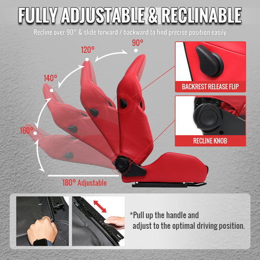 RACING SEAT - RED PU LEATHER AND CHARCOAL GRAY SUEDE WITH DOUBLE RED STITCH