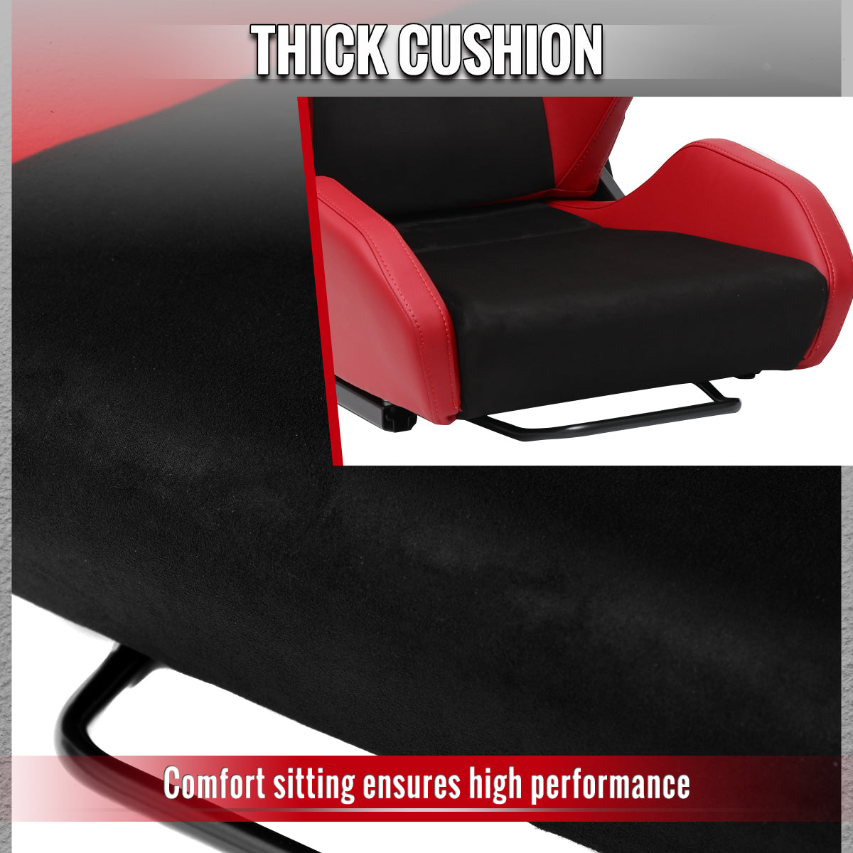 RACING SEAT - RED PU LEATHER AND CHARCOAL GRAY SUEDE WITH DOUBLE RED STITCH