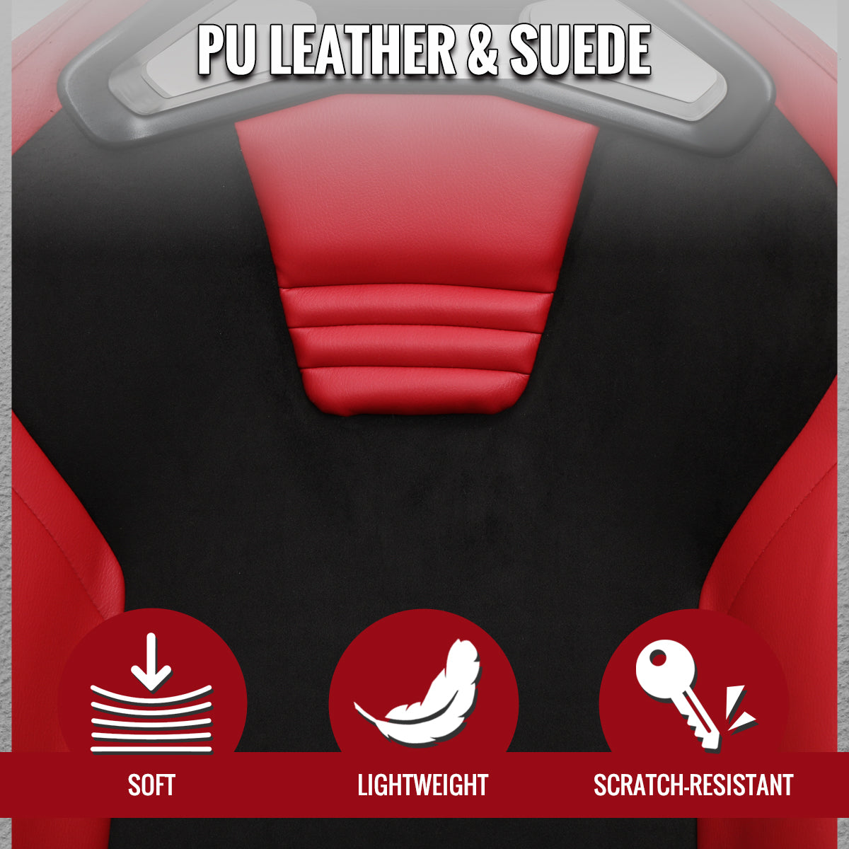 RACING SEAT - RED PU LEATHER AND CHARCOAL GRAY SUEDE WITH DOUBLE RED STITCH