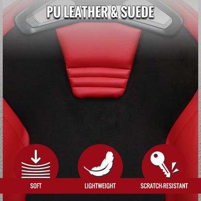 RACING SEAT - RED PU LEATHER AND CHARCOAL GRAY SUEDE WITH DOUBLE RED STITCH