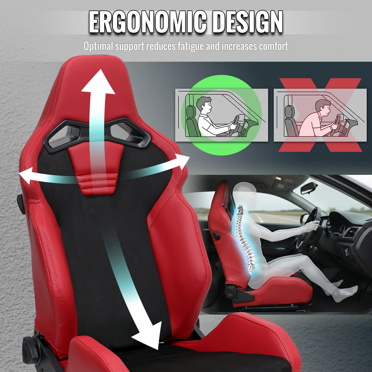RACING SEAT - RED PU LEATHER AND CHARCOAL GRAY SUEDE WITH DOUBLE RED STITCH