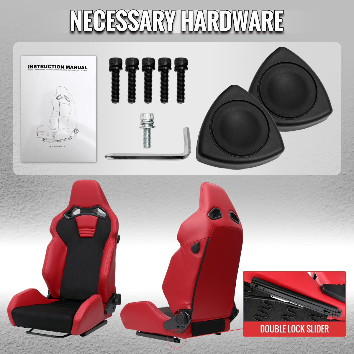 RACING SEAT - RED PU LEATHER AND CHARCOAL GRAY SUEDE WITH DOUBLE RED STITCH