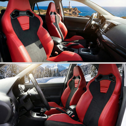 RACING SEAT - RED PU LEATHER AND CHARCOAL GRAY SUEDE WITH DOUBLE RED STITCH