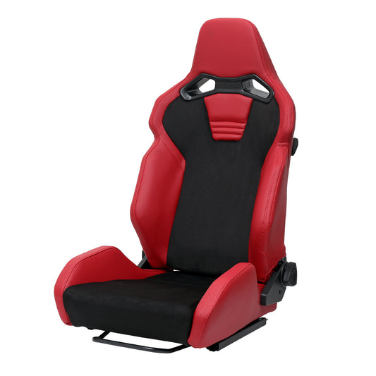 RACING SEAT - RED PU LEATHER AND CHARCOAL GRAY SUEDE WITH DOUBLE RED STITCH