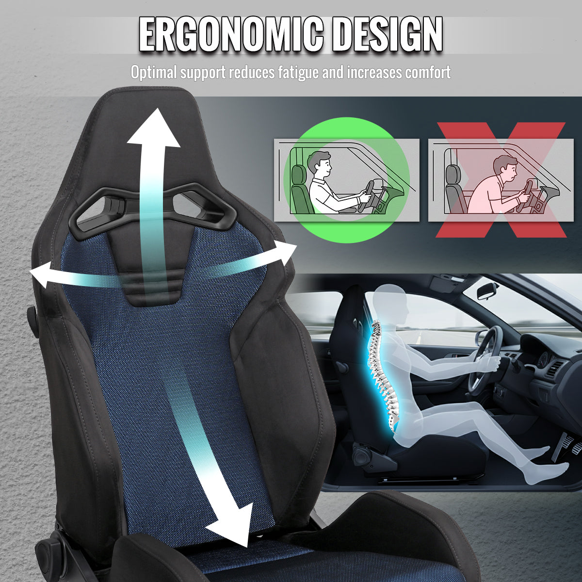 RACING SEAT - BLACK SUEDE AND BLUE BIRD-EYE MESH CLOTH WITH DOUBLE BLACK STITCH