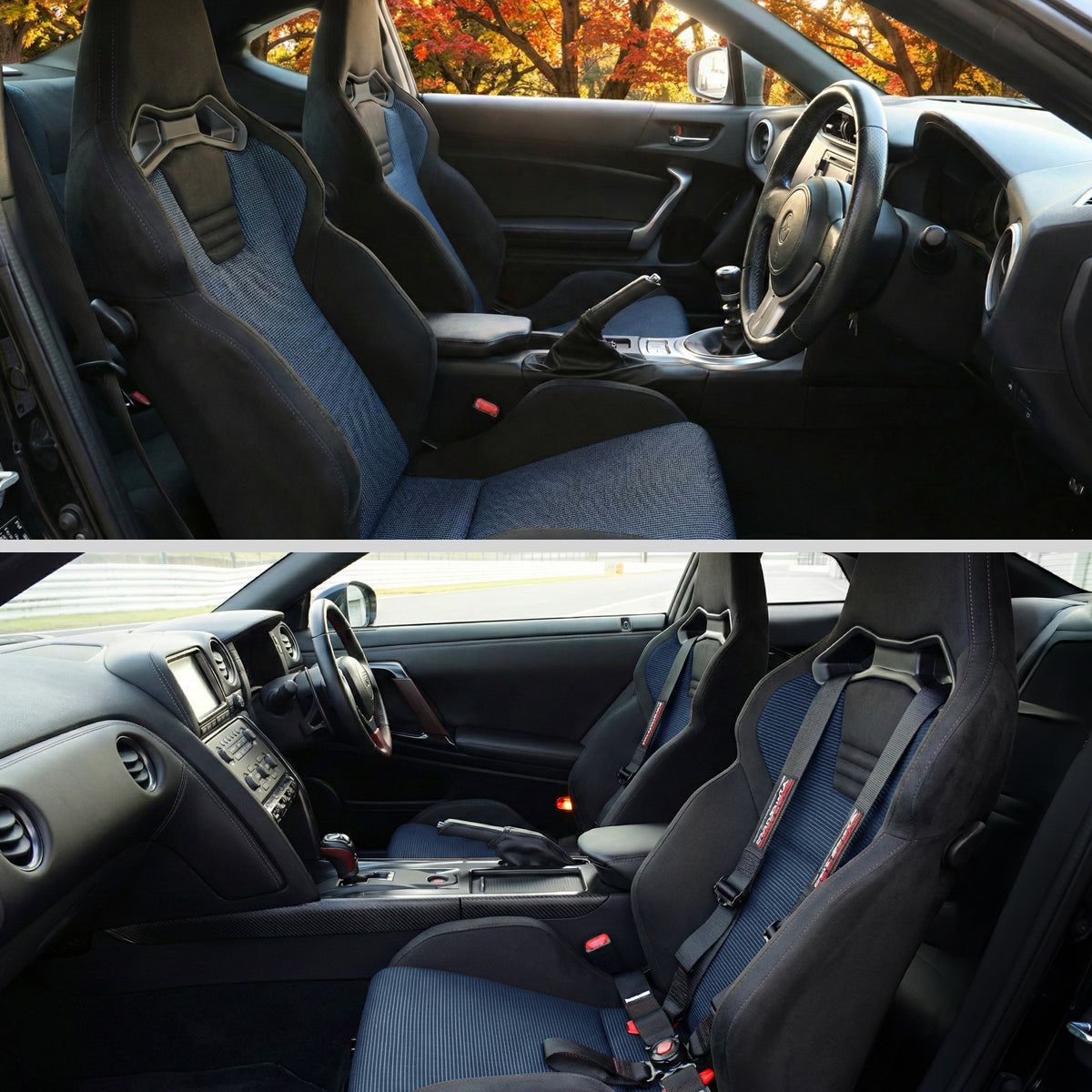 RACING SEAT - BLACK SUEDE AND BLUE BIRD-EYE MESH CLOTH WITH DOUBLE BLACK STITCH