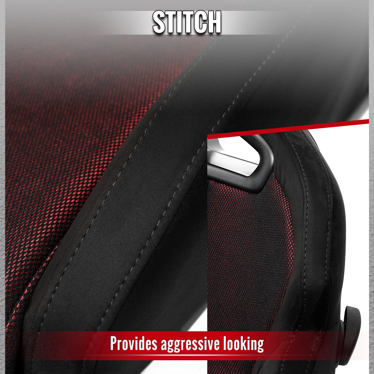 RACING SEAT - BLACK SUEDE AND RED BIRD EYE MESH CLOTH WITH DOUBLE BLACK STITCH