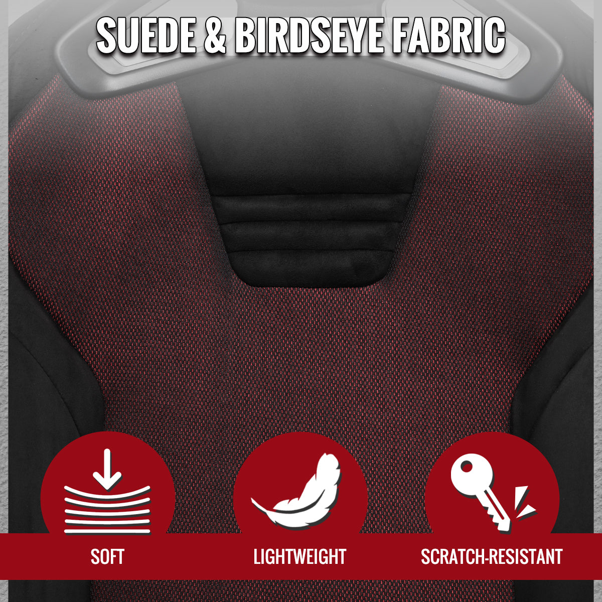 RACING SEAT - BLACK SUEDE AND RED BIRD EYE MESH CLOTH WITH DOUBLE BLACK STITCH