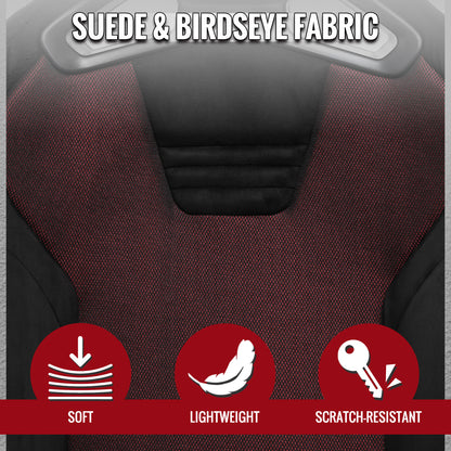 RACING SEAT - BLACK SUEDE AND RED BIRD EYE MESH CLOTH WITH DOUBLE BLACK STITCH