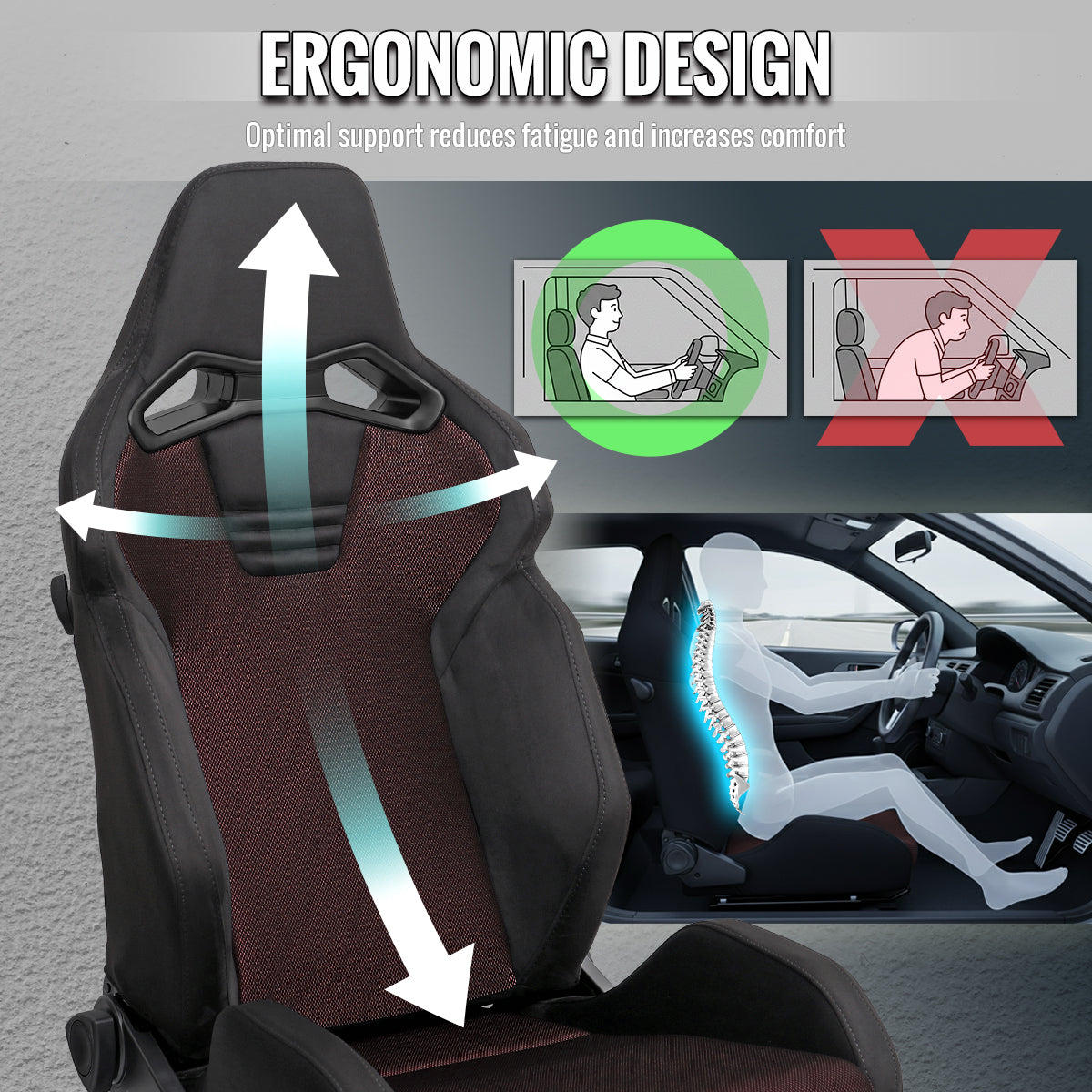 RACING SEAT - BLACK SUEDE AND RED BIRD EYE MESH CLOTH WITH DOUBLE BLACK STITCH