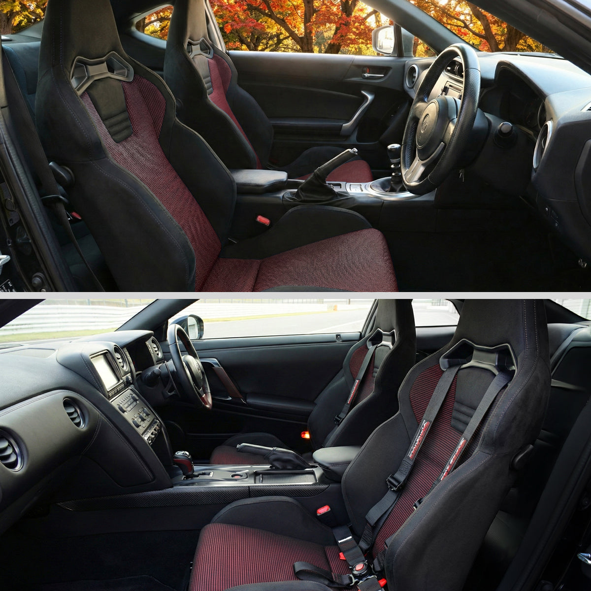 RACING SEAT - BLACK SUEDE AND RED BIRD EYE MESH CLOTH WITH DOUBLE BLACK STITCH