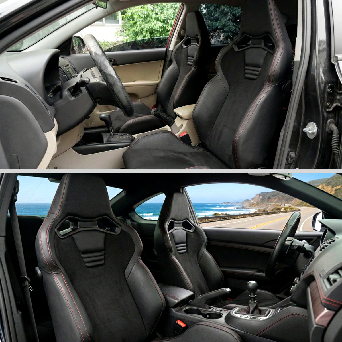 RACING SEAT - BLACK PU AND BLACK SUEDE WITH DOUBLE BLACK STITCH