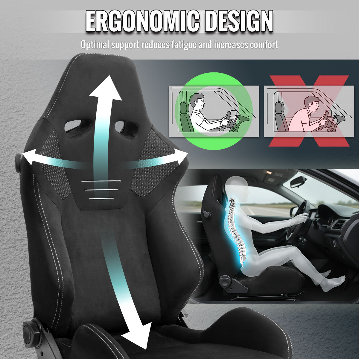RACING SEAT - BLACK SUEDE W DOUBLE SILVER STITCH
