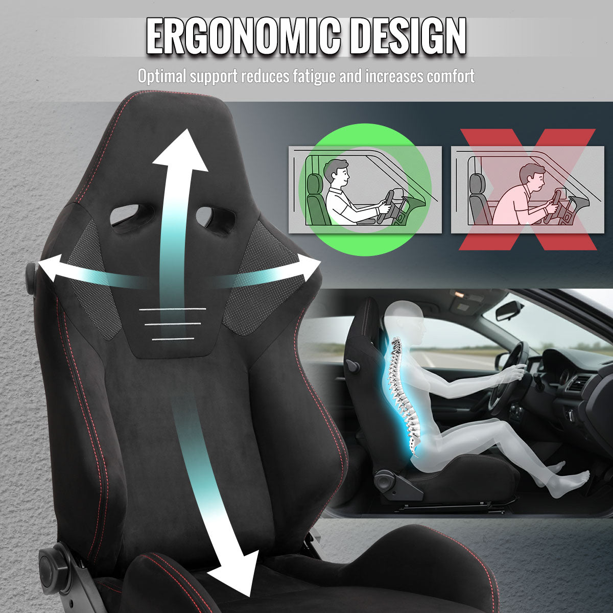 RACING SEAT - BLACK SUEDE W DOUBLE RED STITCH