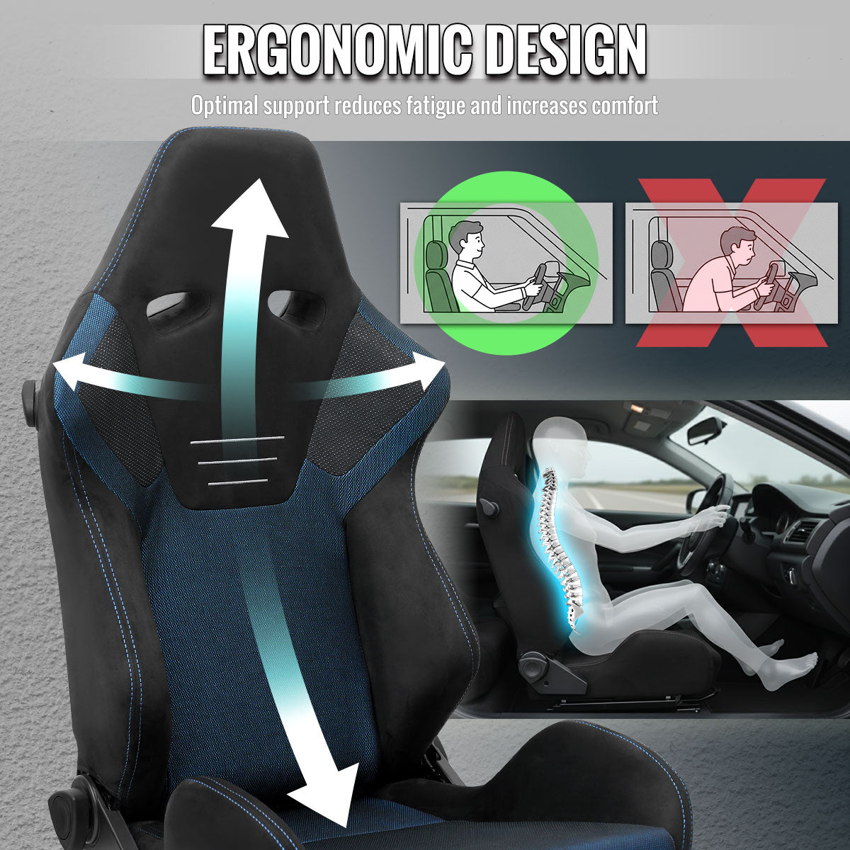 RACING SEAT - BLACK SUEDE AND BLUE BIRD-EYE/CLOTH WITH DOUBLE BLUE STICH