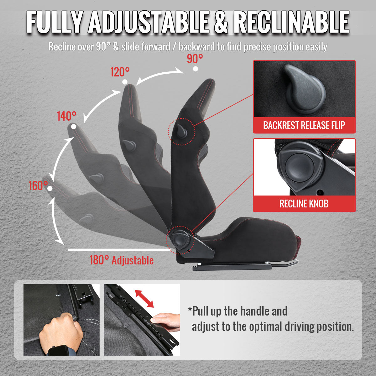 RACING SEAT - BLACK SUEDE AND RED BIRD EYE MESH CLOTH WITH DOUBLE RED STITCH