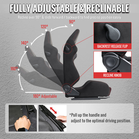 RACING SEAT - BLACK SUEDE AND RED BIRD EYE MESH CLOTH WITH DOUBLE RED STITCH