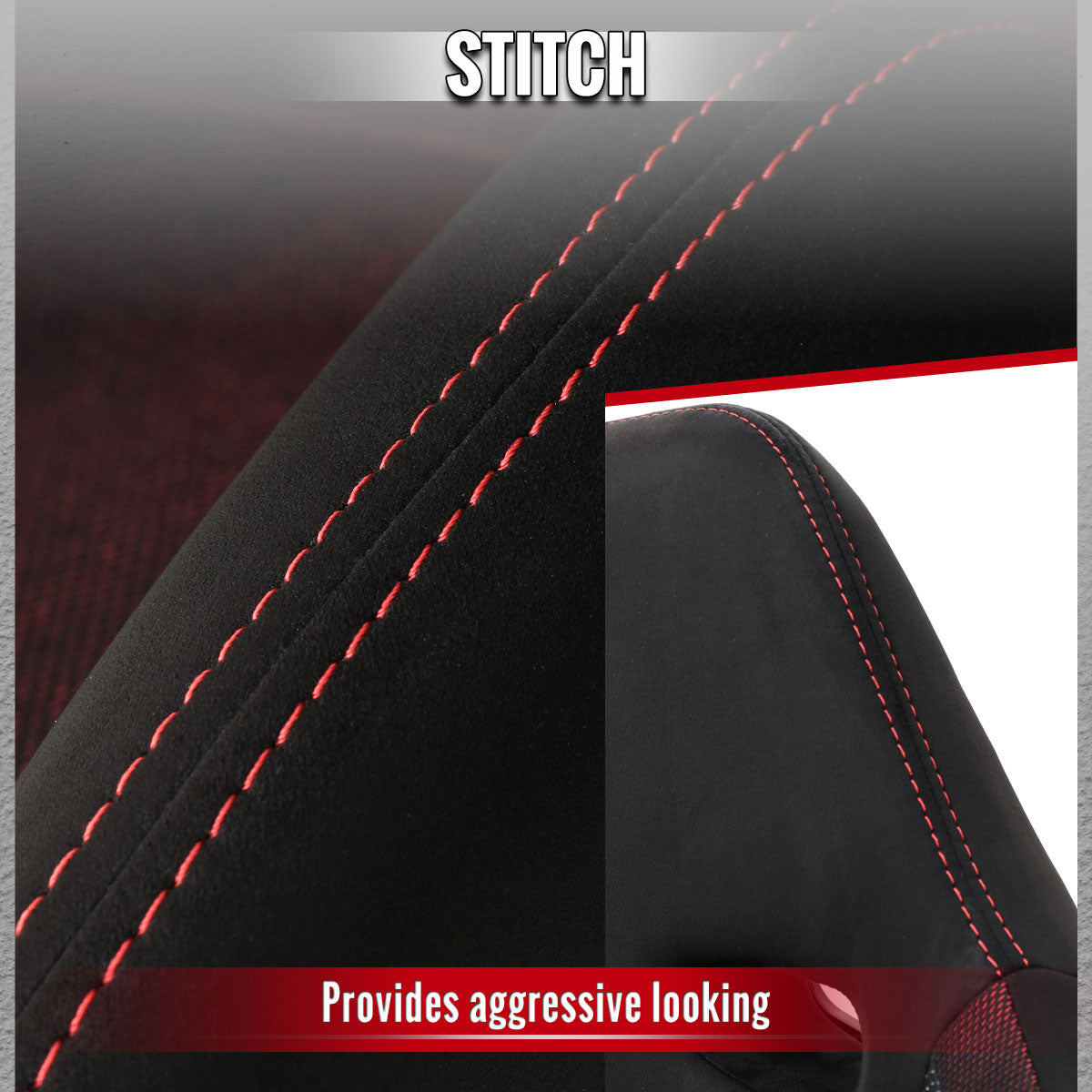 RACING SEAT - BLACK SUEDE AND RED BIRD EYE MESH CLOTH WITH DOUBLE RED STITCH