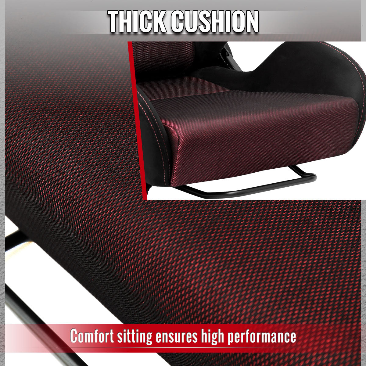 RACING SEAT - BLACK SUEDE AND RED BIRD EYE MESH CLOTH WITH DOUBLE RED STITCH