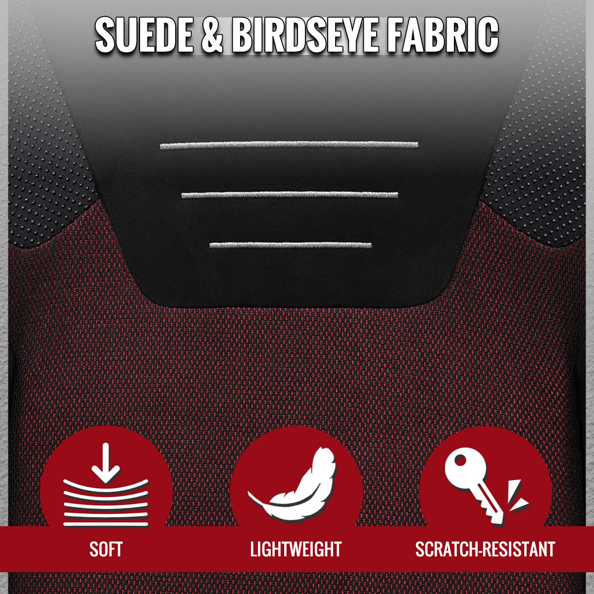 RACING SEAT - BLACK SUEDE AND RED BIRD EYE MESH CLOTH WITH DOUBLE RED STITCH