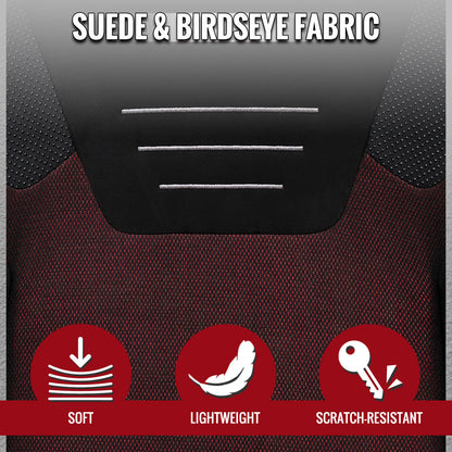 RACING SEAT - BLACK SUEDE AND RED BIRD EYE MESH CLOTH WITH DOUBLE RED STITCH