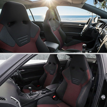RACING SEAT - BLACK SUEDE AND RED BIRD EYE MESH CLOTH WITH DOUBLE RED STITCH