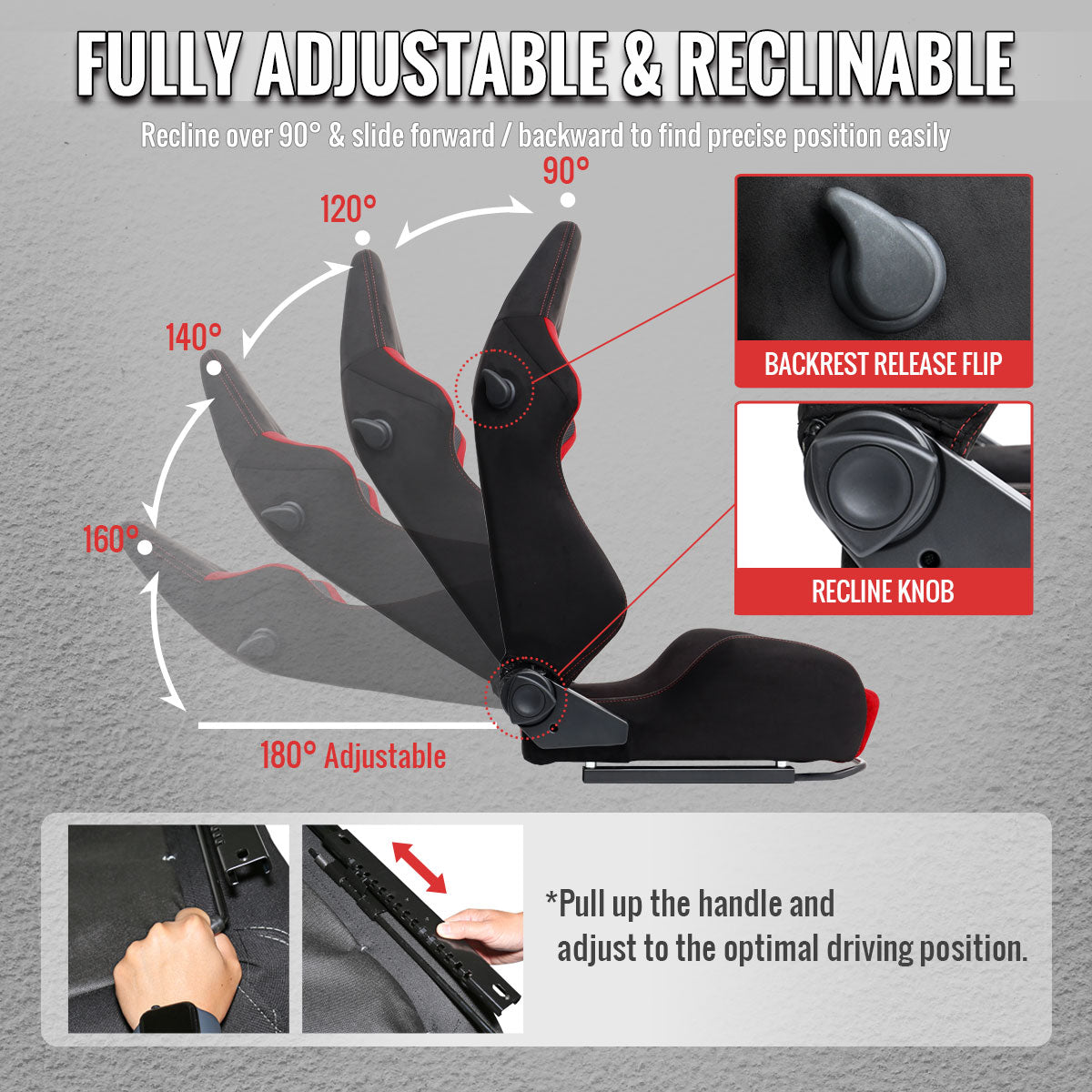 RACING SEAT - BRIGHT RED SUEDE FRONT BLACK SUEDE IN BLACK WITH DOUBLE RED STITCH
