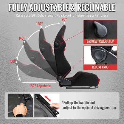 RACING SEAT - BRIGHT RED SUEDE FRONT BLACK SUEDE IN BLACK WITH DOUBLE RED STITCH