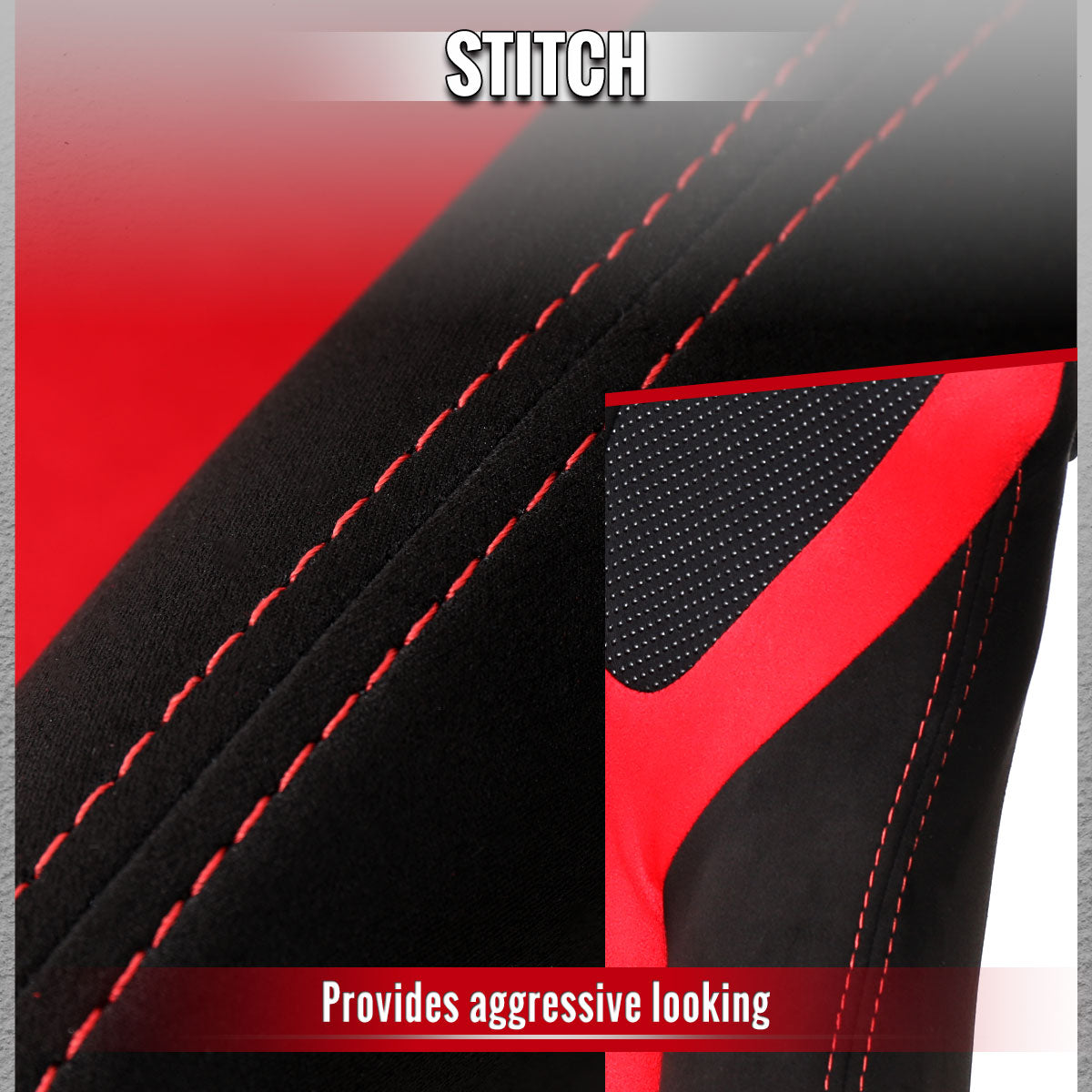 RACING SEAT - BRIGHT RED SUEDE FRONT BLACK SUEDE IN BLACK WITH DOUBLE RED STITCH